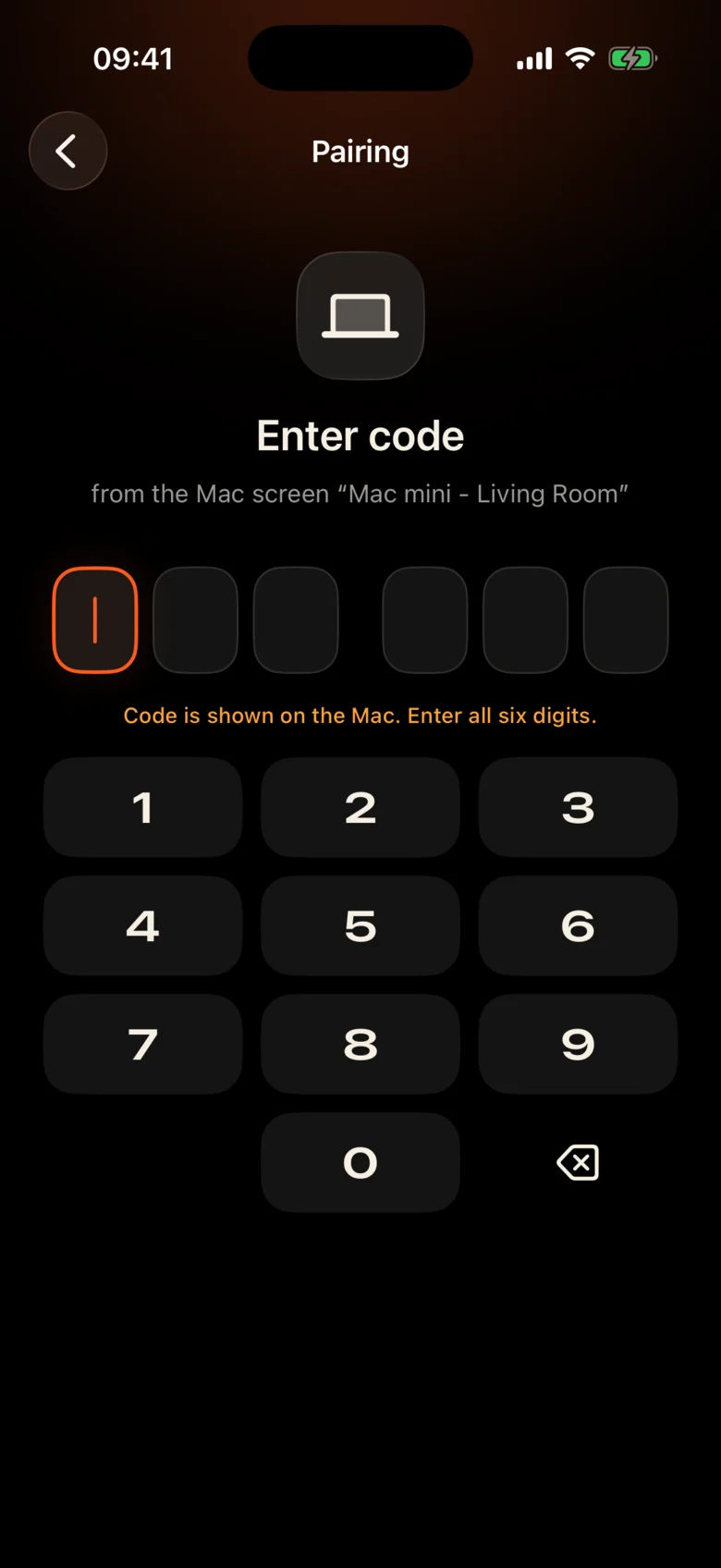 Code entry screen on the iPhone remote.